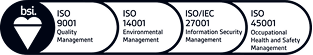 Four dark-blue circular badges with white minimalist icons and short two-line labels, connected horizontally by thin outlines on a white background, resembling certification seals.