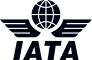 IATA emblem presents a simplified globe flanked by stylized horizontal wings, centered above bold uppercase "IATA" lettering on a plain white background.