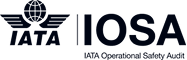 A stylized circular emblem with outstretched wing shapes sits left of the navy-blue acronyms "IATA | IOSA", presented as a corporate logo on a plain white background.
