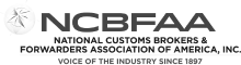 A corporate logo displays a circular compass emblem beside bold "NCBFAA" lettering; beneath, smaller text reads "National Customs Brokers & Forwarders Association of America, Inc." on a white background.