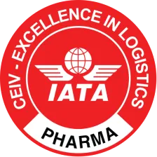 A red circular CEIV seal (object) signifying IATA certification (action) with a white globe-and-wings logo and bold "PHARMA" on a curved white banner, indicating pharmaceutical logistics accreditation (context).