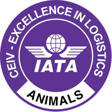 Circular purple certification badge featuring a globe with wings and "IATA" text, surrounded by a white ring reading "CEIV - EXCELLENCE IN LOGISTICS" and a bottom white banner labeled "ANIMALS".