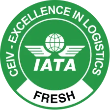 Green circular certification badge bearing IATA globe-and-wings logo and text "CEIV - EXCELLENCE IN LOGISTICS," with a white banner labeled "FRESH," used as a certification label for fresh logistics.