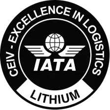 Circular IATA "Lithium" certification emblem displays a globe with wings and bold IATA lettering, surrounded by "CEIV - EXCELLENCE IN LOGISTICS" text and a "LITHIUM" banner, on a high-contrast black-and-white badge.