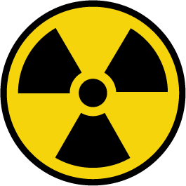 Yellow circular trefoil radiation symbol displays three black blades around a central black dot, indicating radioactive hazard; it sits within a thin black ring on a white square background.