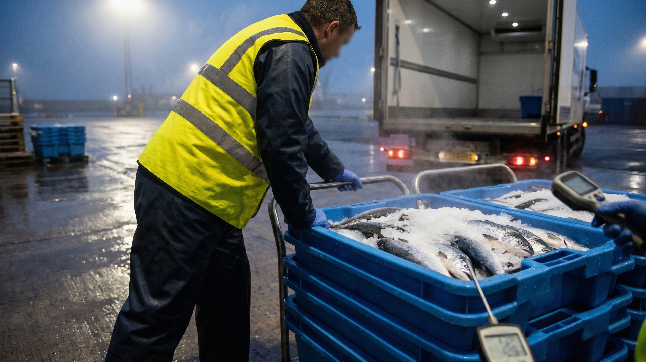 Blue plastic crates of iced fish being inspected and pushed on a trolley by a gloved worker in a high-visibility vest at a wet dock beside an open truck.