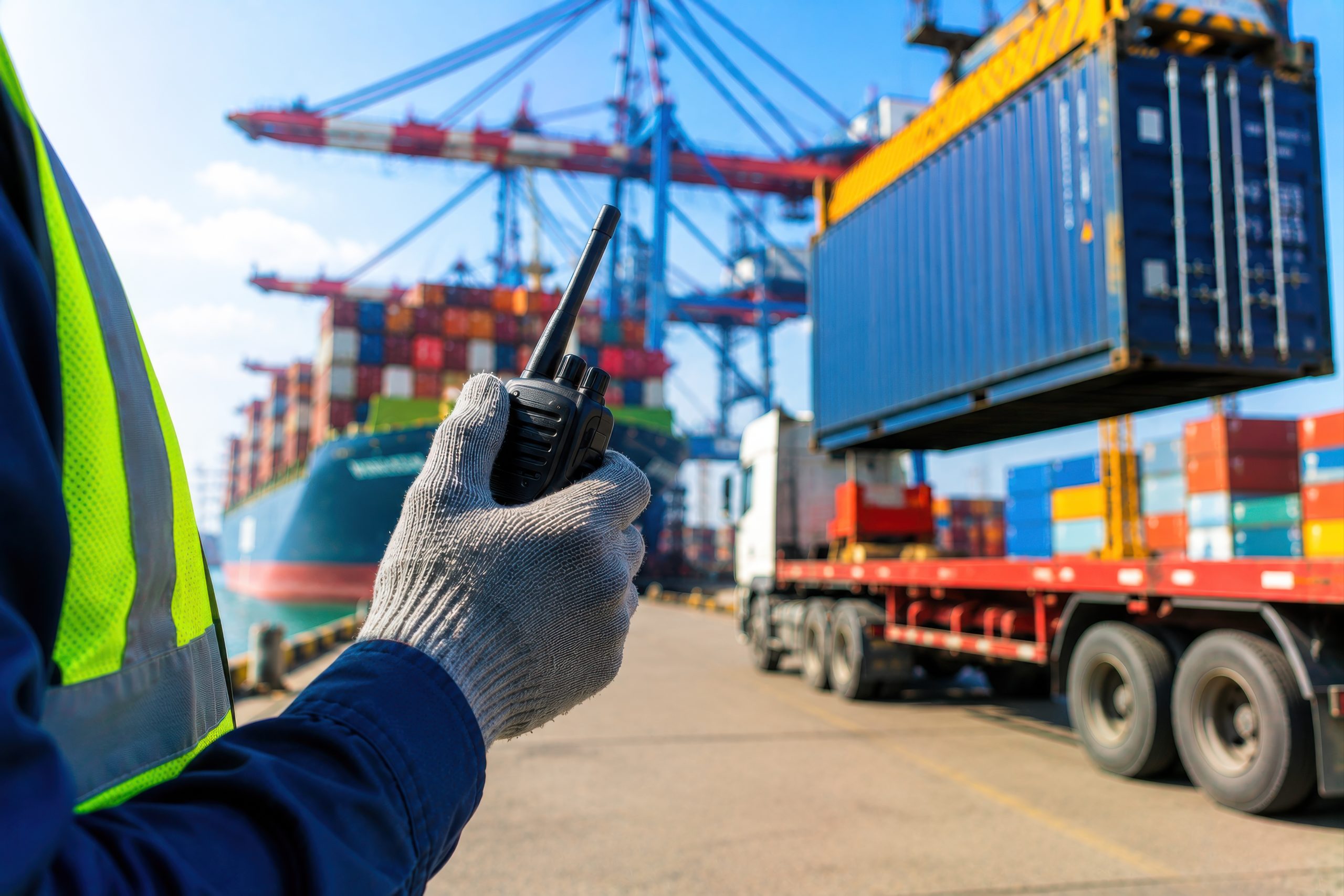 Gloved hand holding a walkie-talkie signals while a crane lifts a blue shipping container onto a flatbed truck at a busy port with stacked containers and a cargo ship nearby.