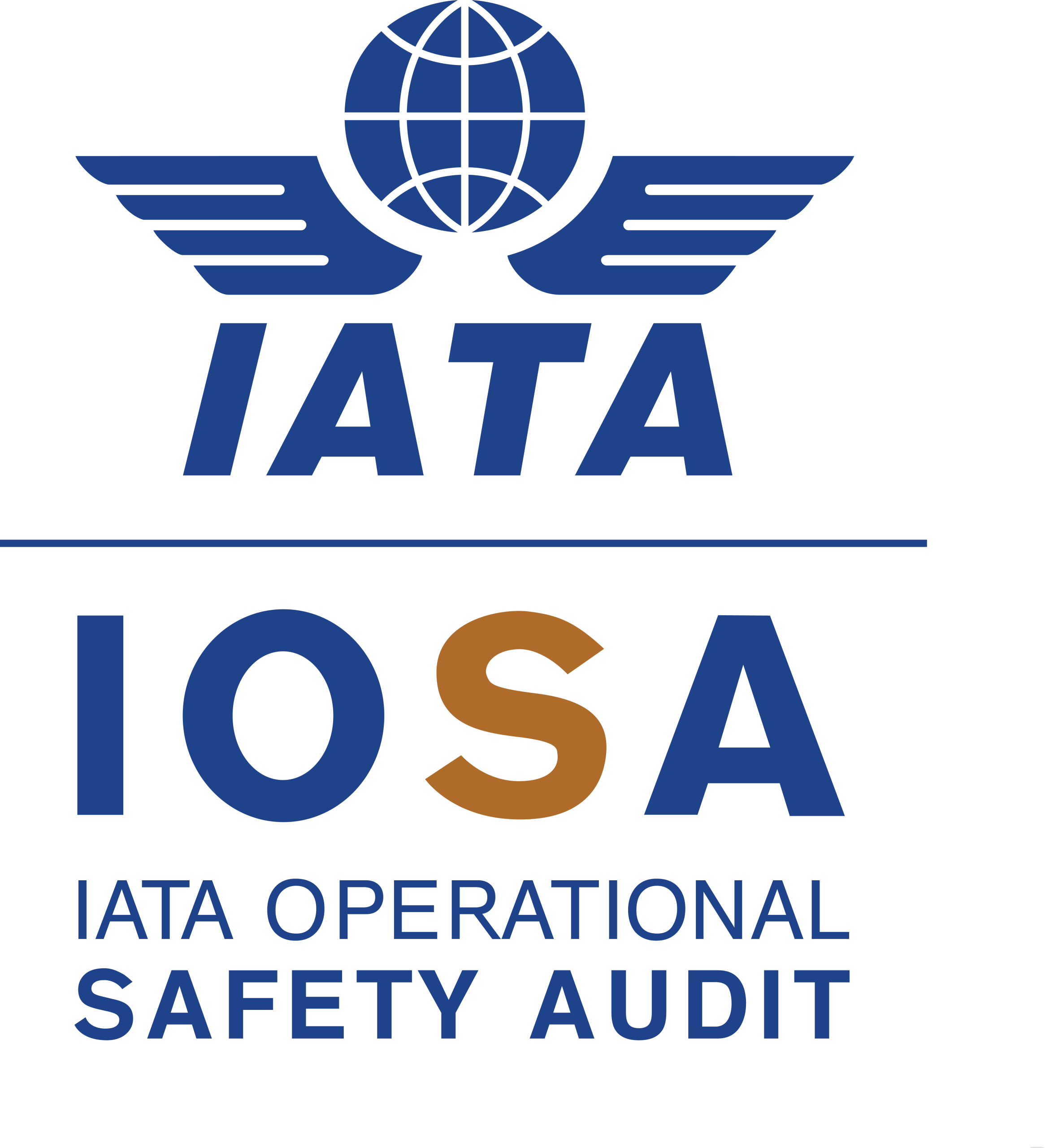 A blue stylized globe with outstretched wings sits above bold "IATA" and large "IOSA" lettering, accompanied by smaller "IATA Operational Safety Audit" text, all centered on a white background.