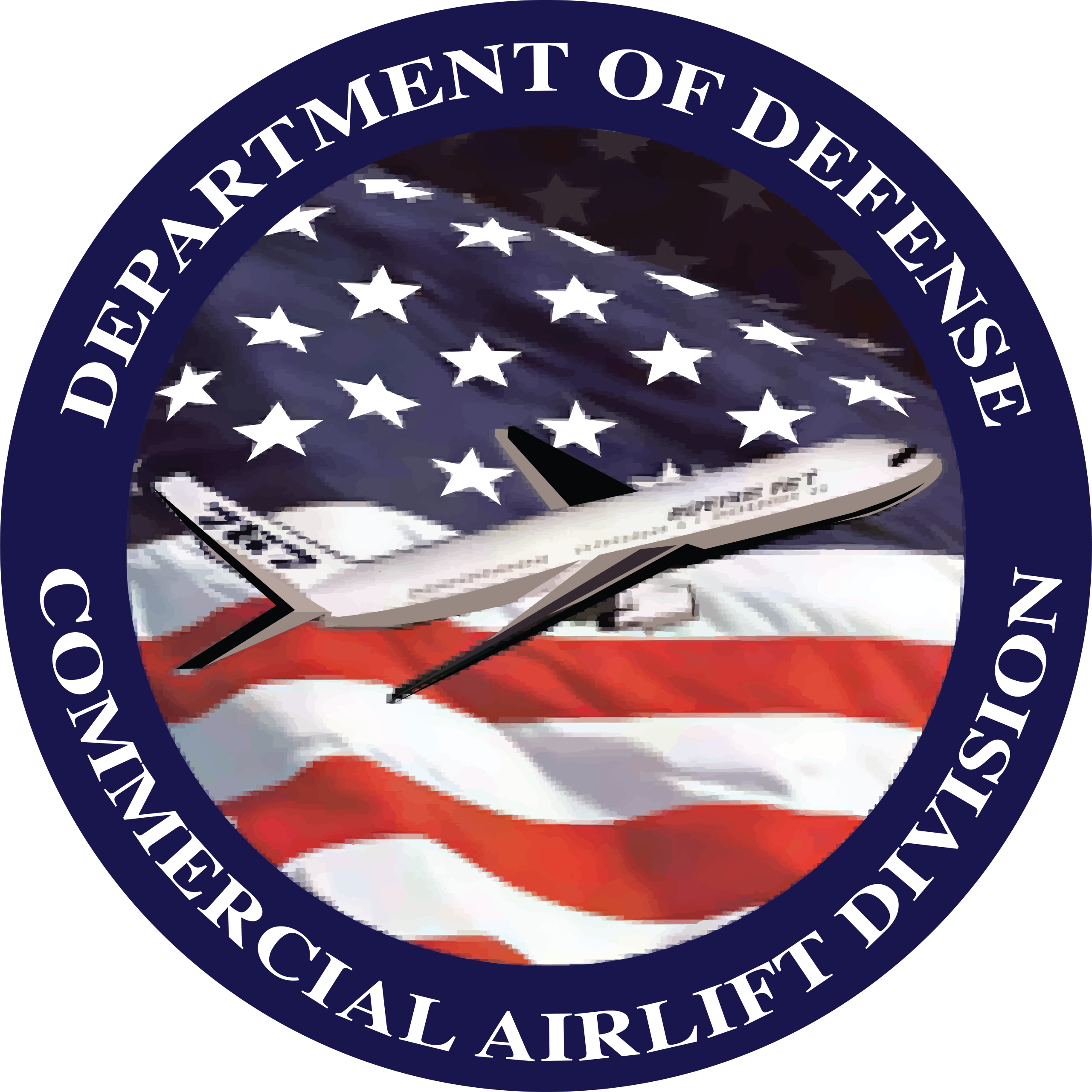 A white commercial jet flies across a waving U.S. flag, centered inside a circular navy seal bearing Department of Defense and Commercial Airlift Division text around its border.