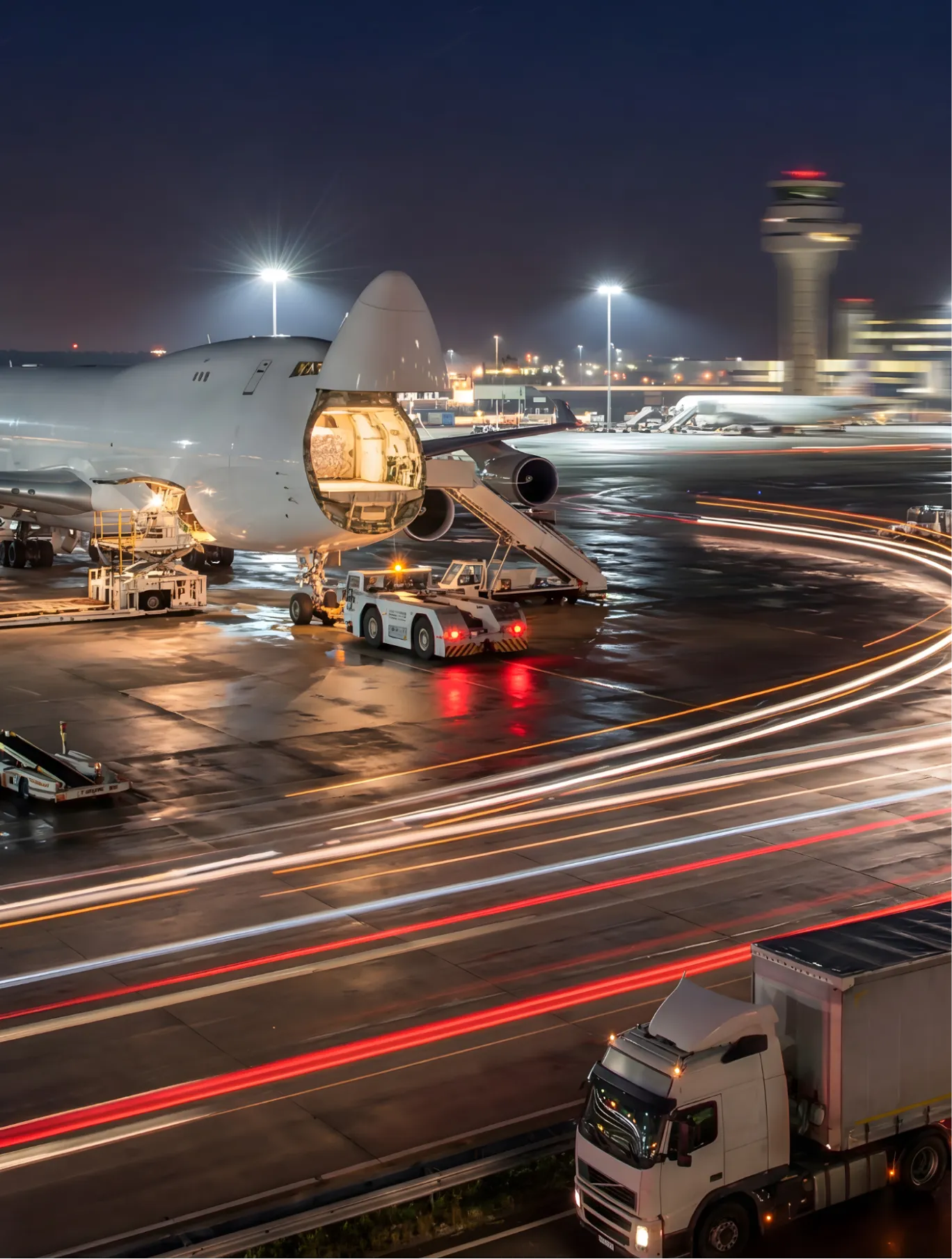 Widebody cargo plane with nose open is being loaded by ground vehicles and a stair truck on a wet airport apron at night, with light trails and a control tower in background.