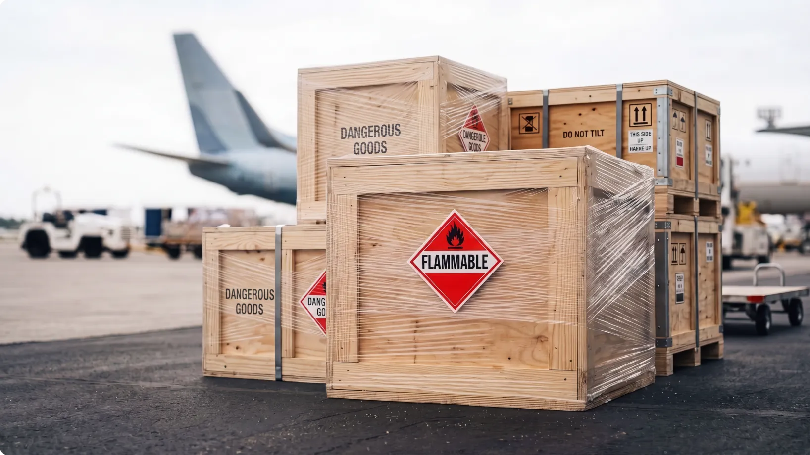 Wooden cargo crates marked "Flammable" are stacked and shrink-wrapped on an airport tarmac, awaiting loading beside a cargo airplane and ground-handling vehicles under an overcast sky.