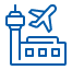 Control tower stands beside a low terminal (object); an airplane climbs overhead as if taking off (action); simple airport setting with runway/terminal silhouette (context).