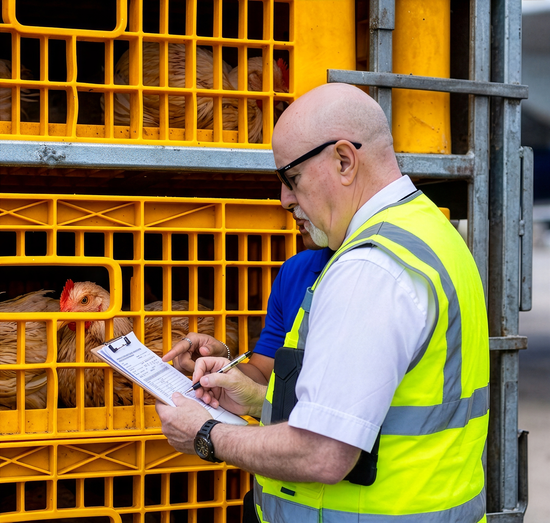 Inspector in a high-visibility vest signs a clipboard while checking live hens visible inside stacked yellow transport crates at a loading dock.