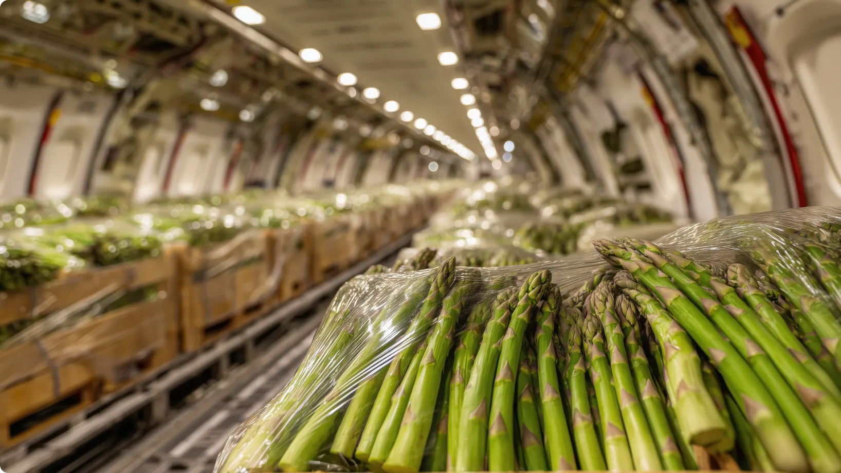 Crates of fresh green asparagus, wrapped in clear plastic, are stacked and loaded into an airplane cargo hold, rows of palletized produce receding beneath overhead lighting.