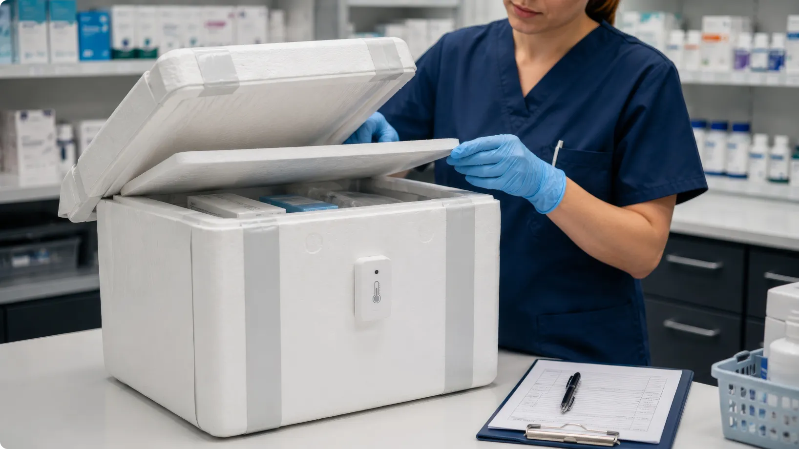 Insulated foam cooler being opened by a person in navy scrubs and blue gloves to access temperature-sensitive medical supplies on a pharmacy countertop with shelves and clipboard.