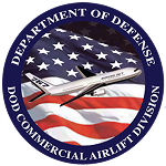 A silver twin-engine aircraft flies over a waving American flag; set within a circular Department of Defense emblem with a navy border reading "DoD Commercial Airlift Division."