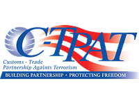 Stylized blue globe next to sweeping red-and-blue letters "CTPAT" overlapping it; a dark bar below displays "Customs—Trade Partnership Against Terrorism" and the tagline "Building Partnership — Protecting Freedom."